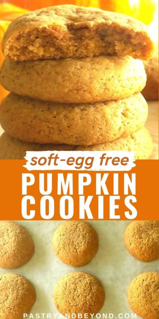 Stacked pumpkin cookies and overhead view of these cookies with text overlay.