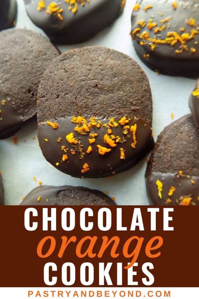 Chocolate dipped cocoa orange cookies with text overlay