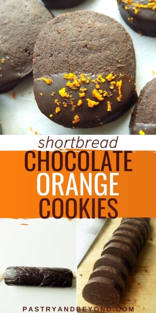 Chocolate orange cookies with text overlay.