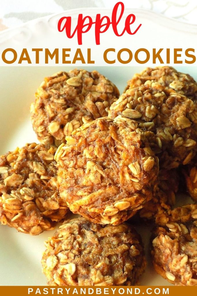 Apple oatmeal cookies with text overlay.