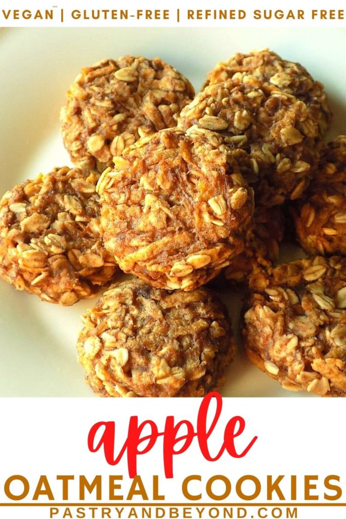 Pin of apple oatmeal cookies on a plate.