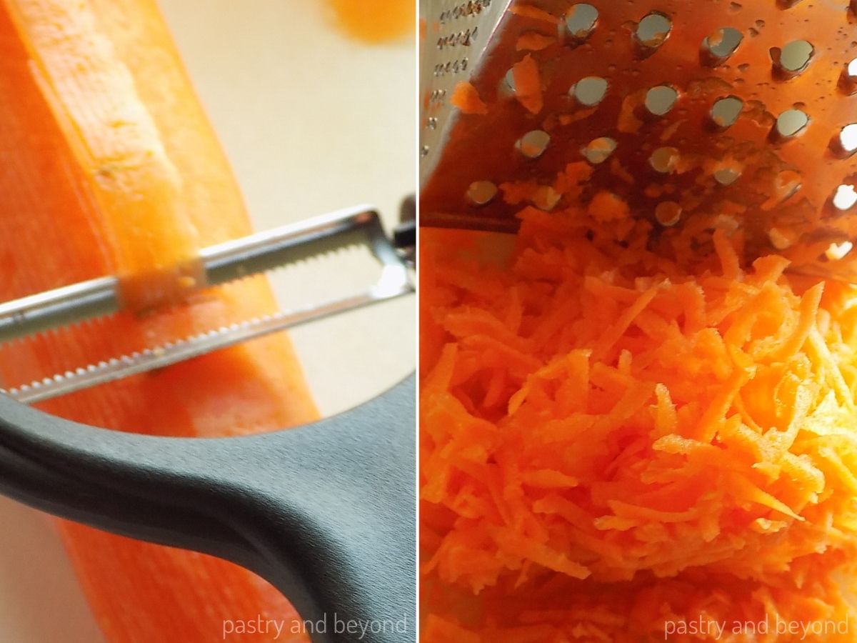 Collage of peeling carrot with a vegetable peeler and grated carrots with a grater.