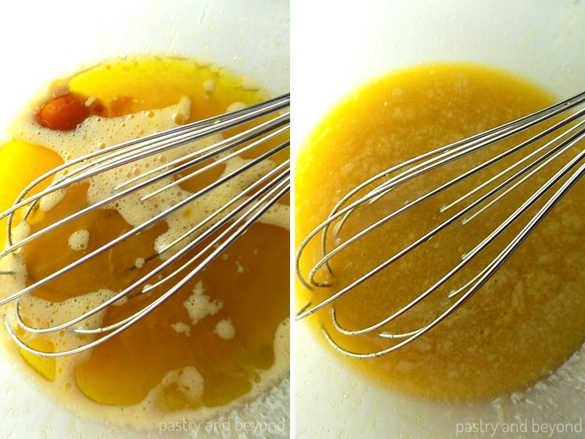 Collage of olive oil, vanilla extract with egg mixture in a bowl before and after whisked. 
