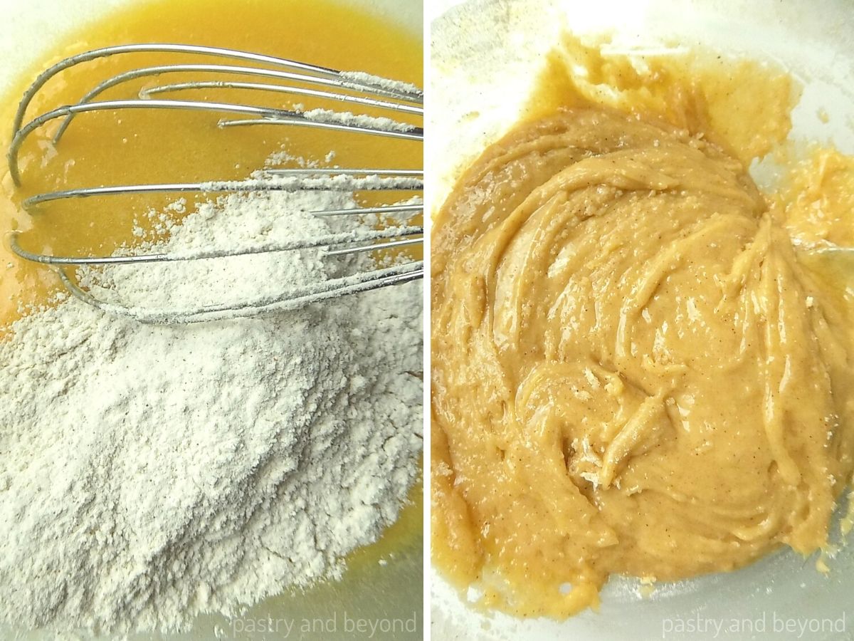 Side by side photo showing flour on egg mixture and after mixed.