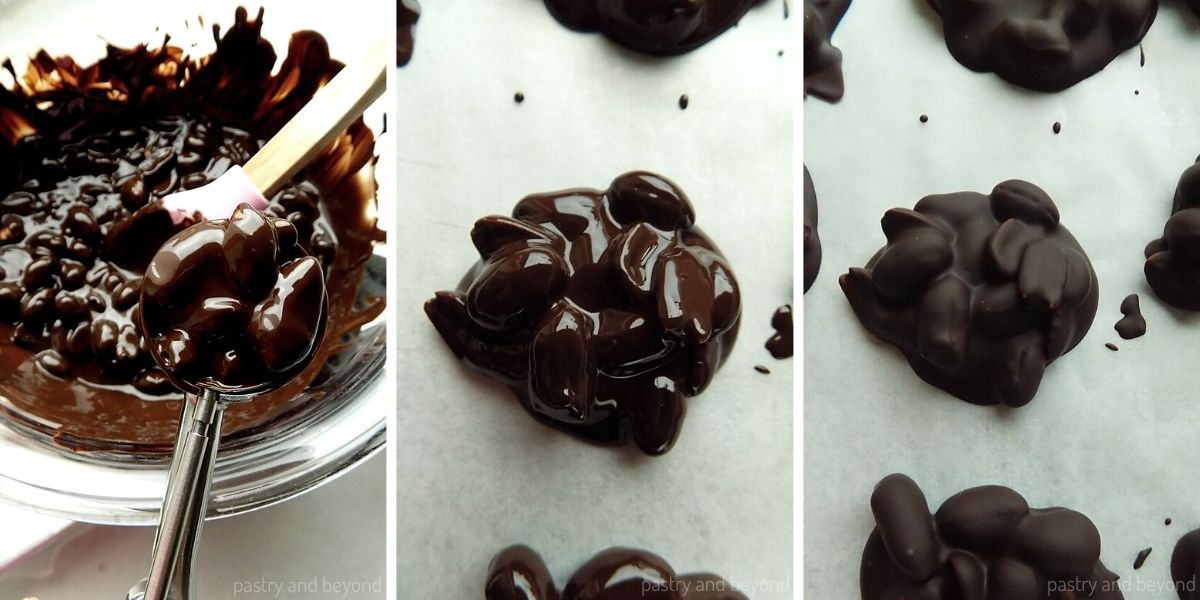 Collage of chocolate peanut mixture on a cookie scoop, the peanut clusters before and after set.