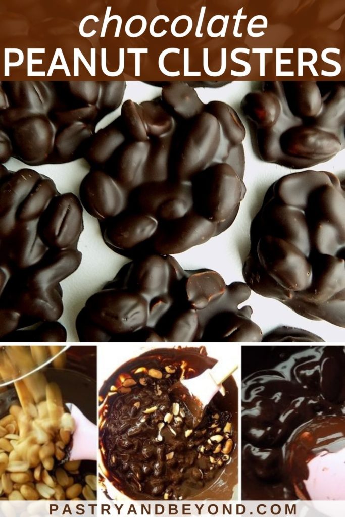 Chocolate peanut clusters with text overlay.