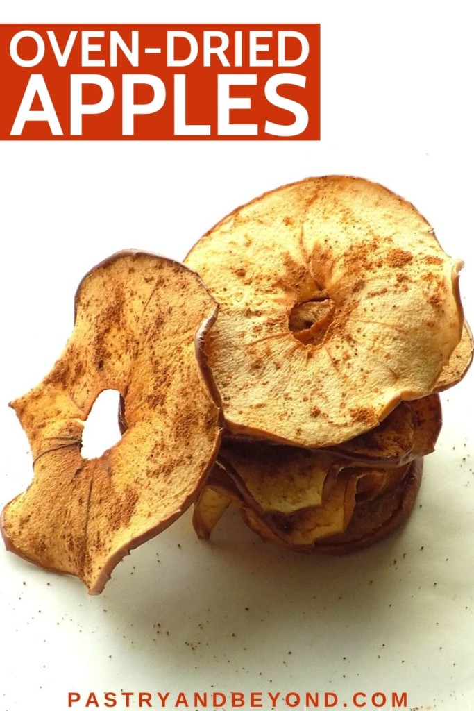 Stacked dried apples with text overlay.