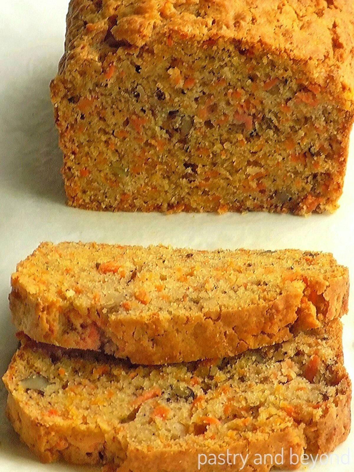 Sliced carrot cake loaf.