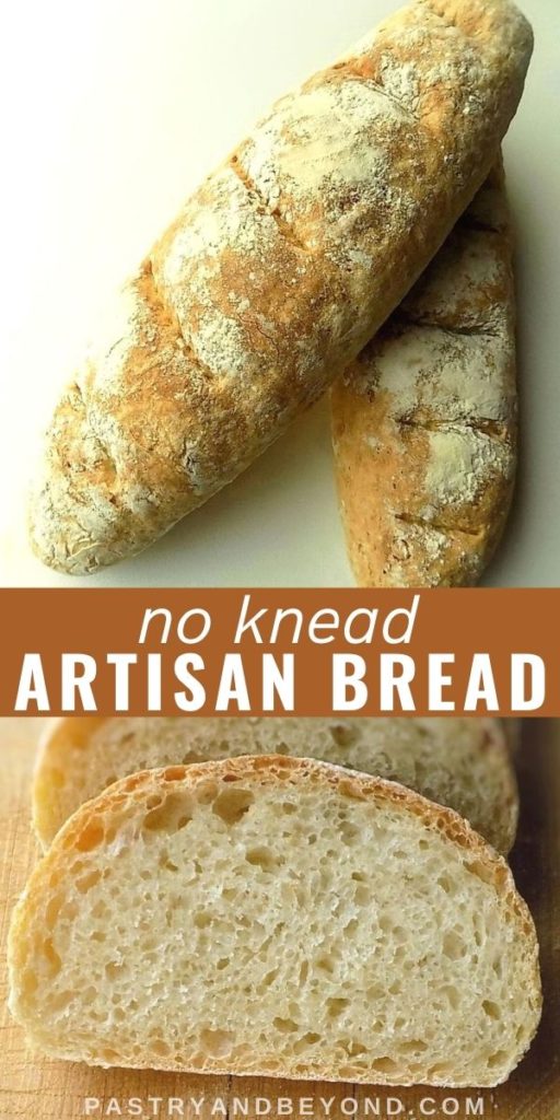2 loaves of no knead bread and a slice of bread with text overlay in the middle.
