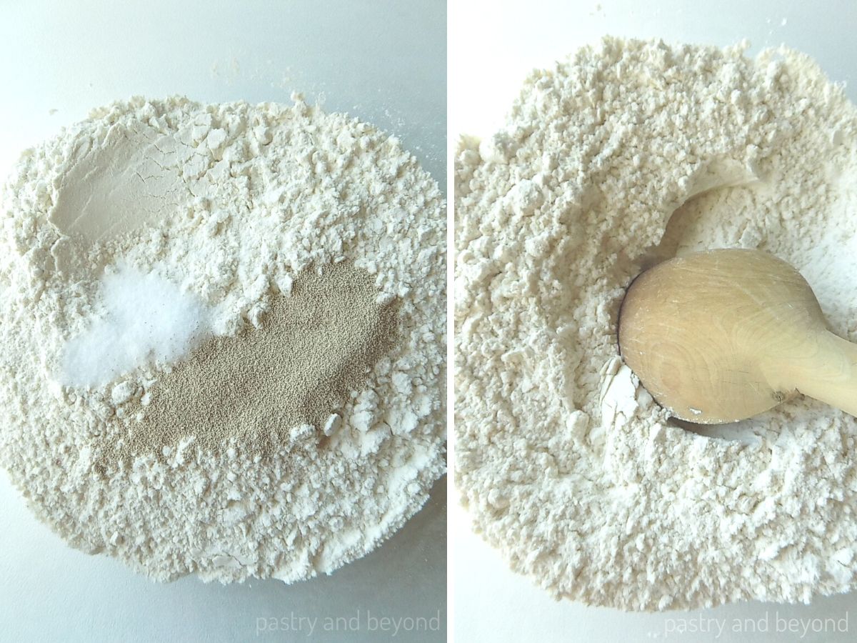 Collage for mixing flour, salt and instant yeast with a wooden spoon in a large bowl.