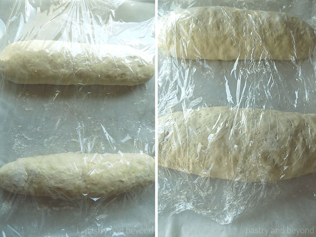 Side by side photos showing two long loaves before and after risen.