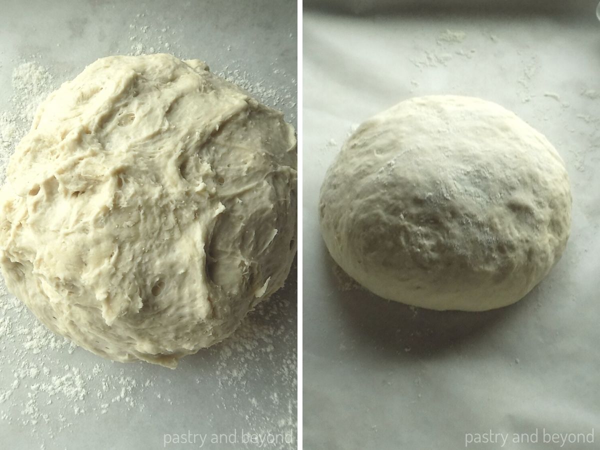 Collage for forming dough into a round loaf on a parchment paper.