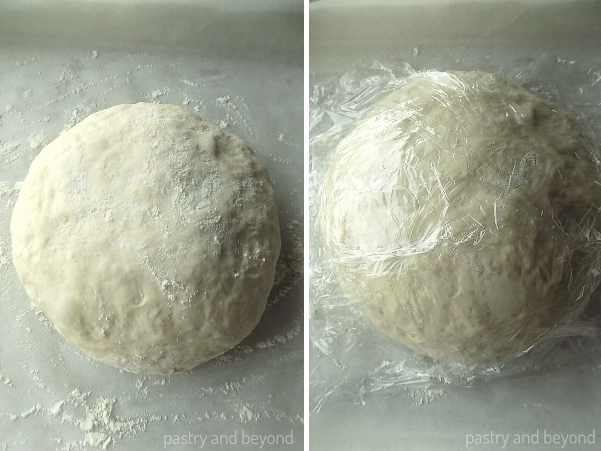 Collage for round loaf that is covered with plastic film while rising.