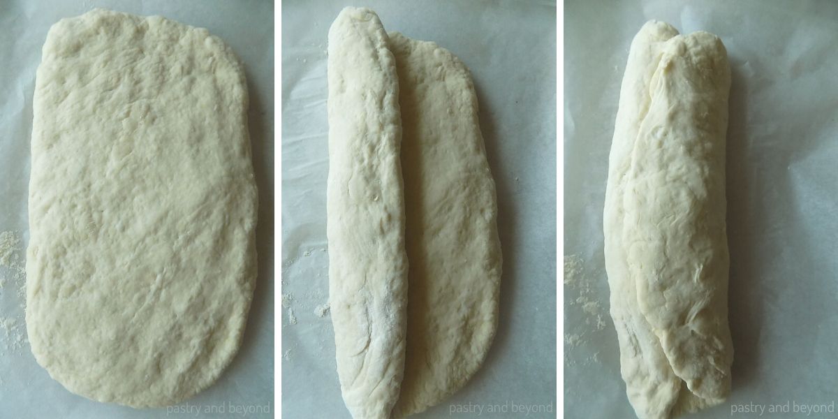 A three-collage photo showing the process of forming each rectangle into a loaf.