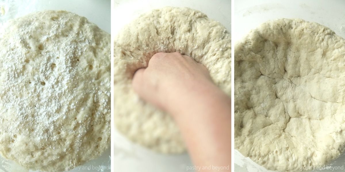 Collage for deflating the dough with a knuckle to remove the gas from the dough.