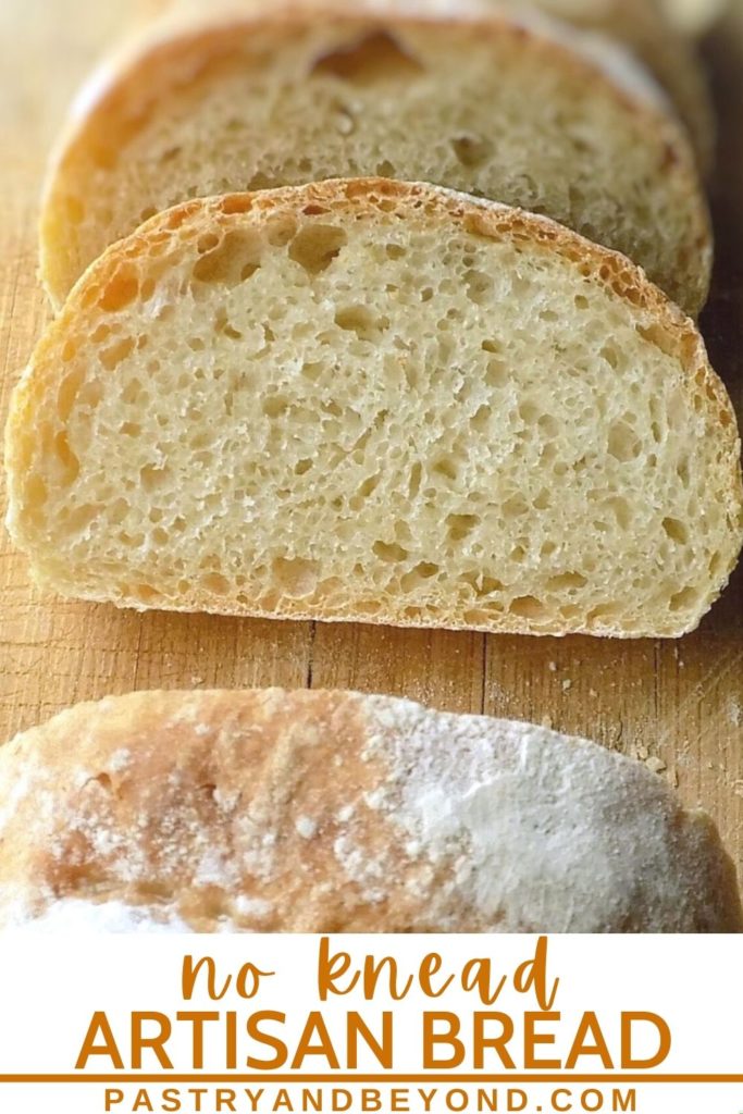 No knead bread with text overlay.