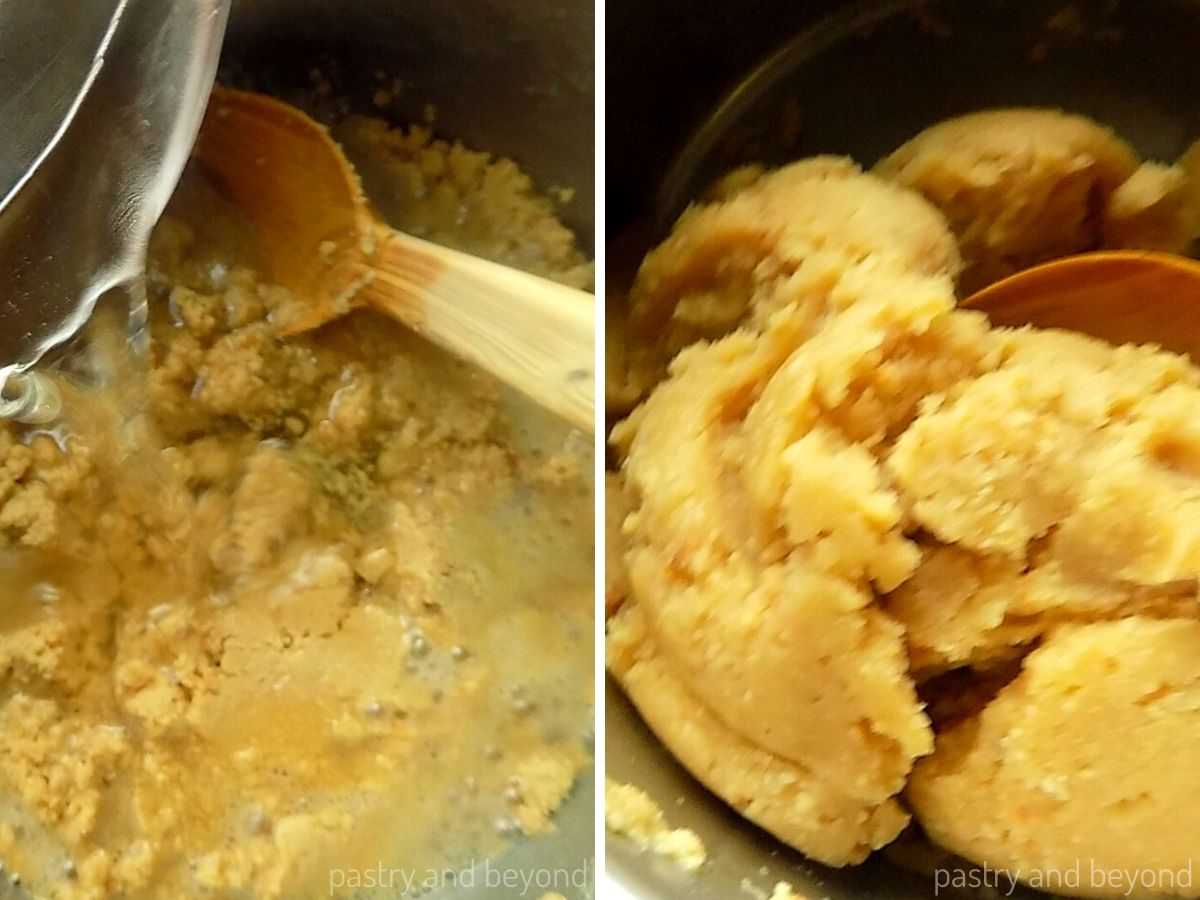Collage of adding the syrup to the flour-butter mixture and stirring until the mixture is uniform.
