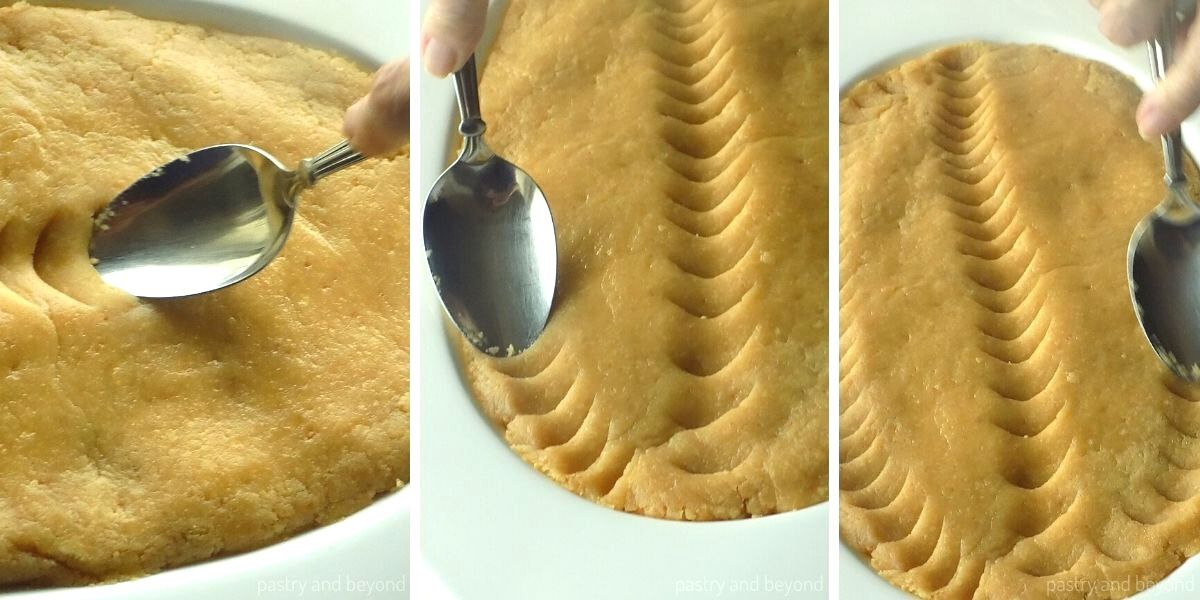 Collage of making a design on halva by using the edge of a spoon.