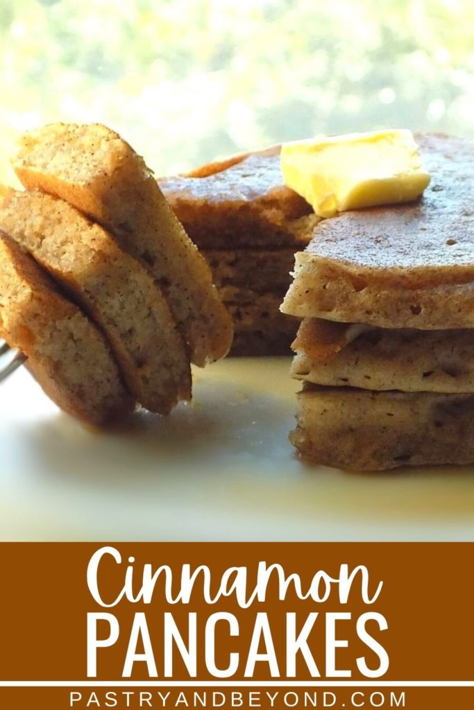 Stacked cinnamon pancakes with text overlay.