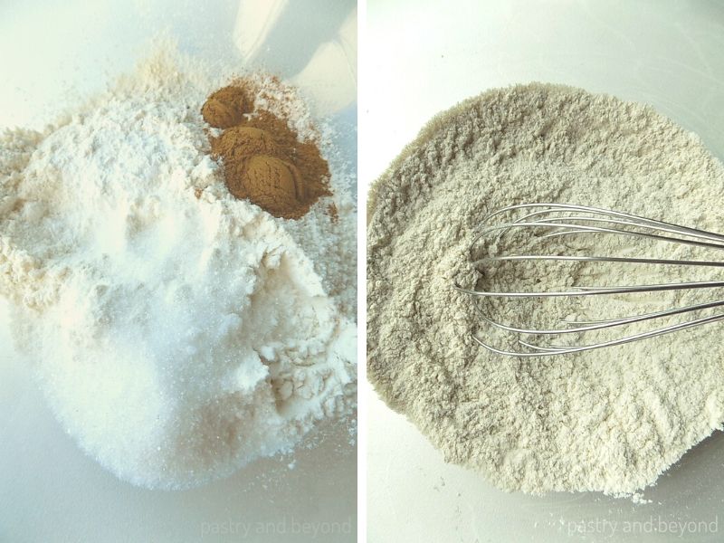 Collage of mixing dry ingredients with a whisk.