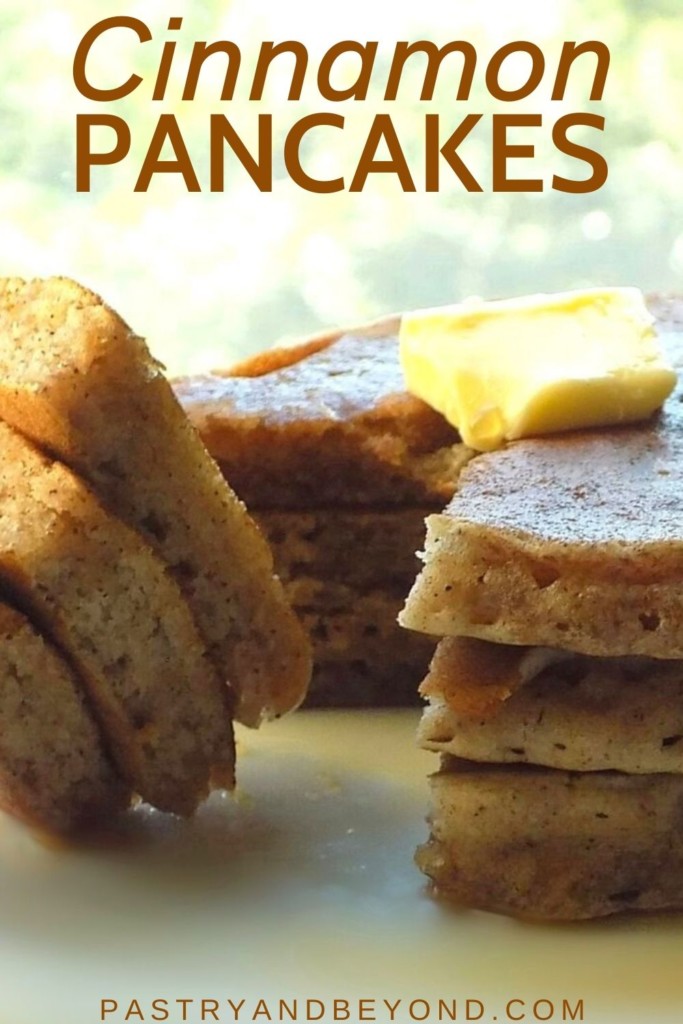 Stacked cinnamon pancakes and slices of stacked pancakes on a fork.
