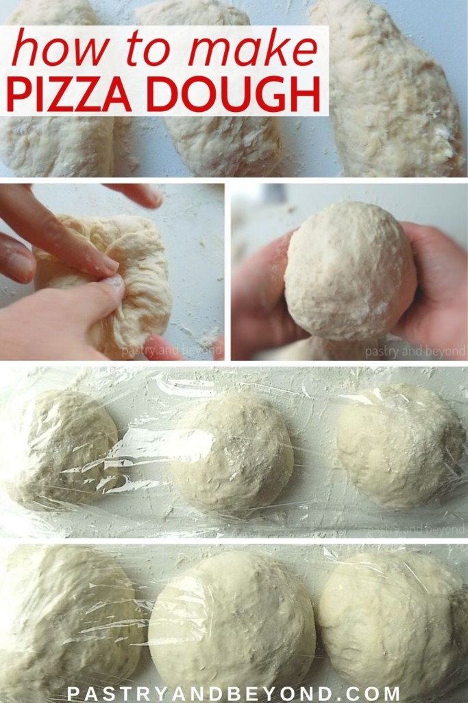 Collage of making pizza dough balls and proving.