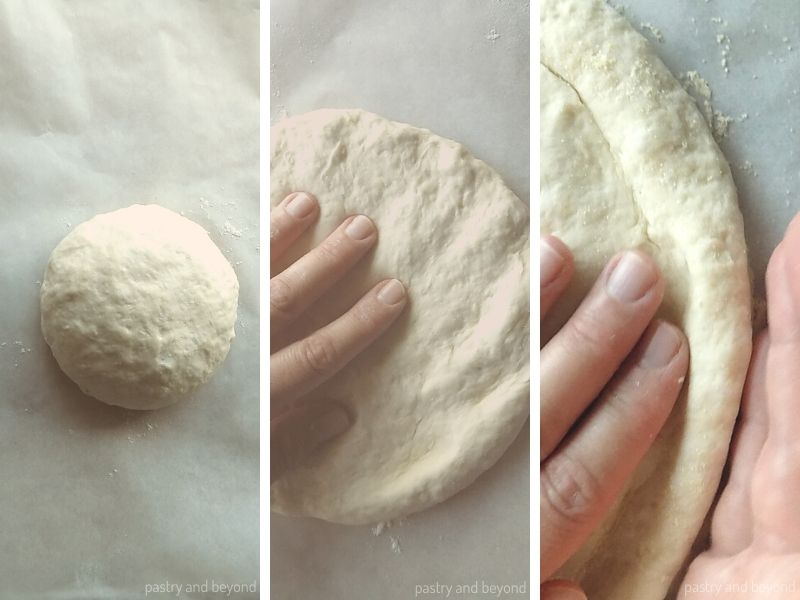Collage showing the process of stretching out the dough and creating a rim.