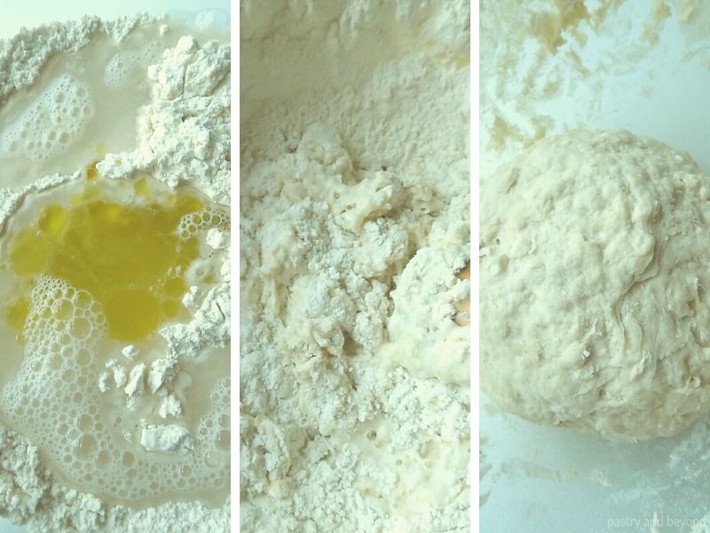 Collage of adding wet ingredients into the flour mixture, stirring the mixture and forming a ball. 