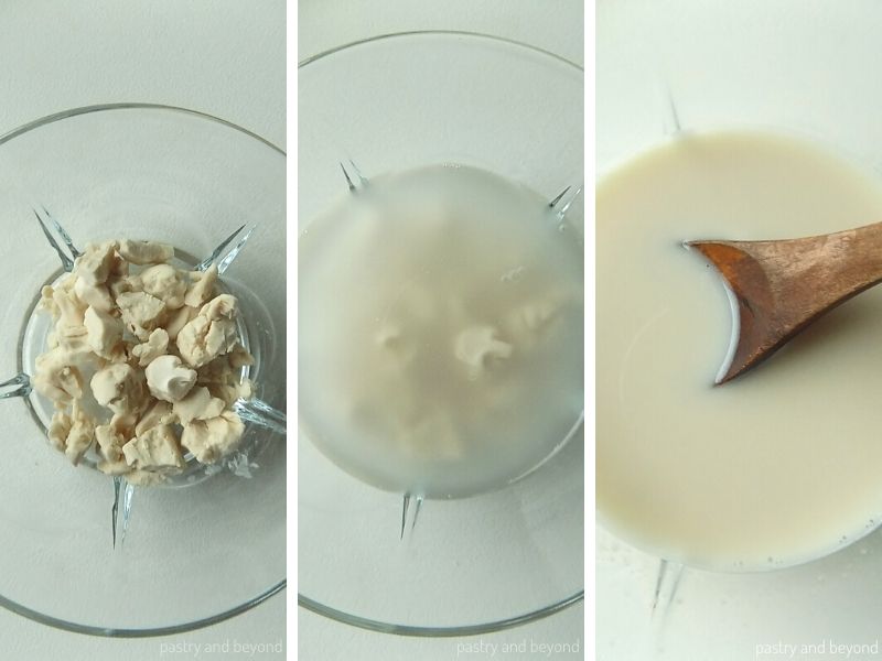 Collage showing the process of dissolving fresh yeast with water in a small bowl.