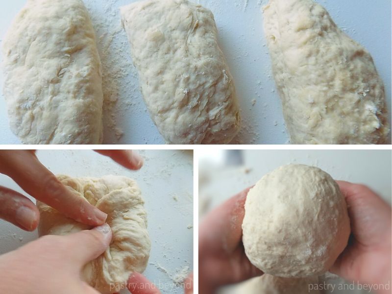 Collage showing the process of folding dough over itself and tucking edges towards the middle.