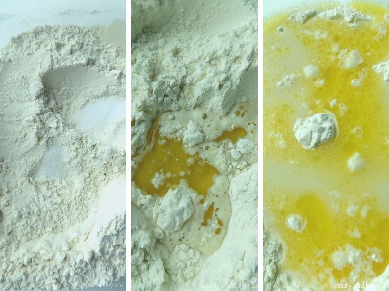 Collage for adding olive oil, water and dissolved fresh yeast into the flour mixture.