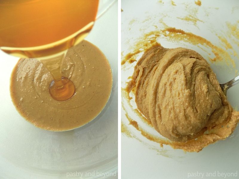 Pouring honey over peanut butter and mixing with a spoon.