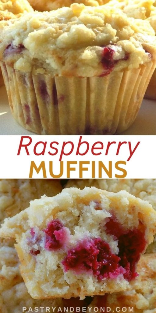 Lemon Raspberry Streusel Muffins showing the whole muffin and half muffin with text overlay.