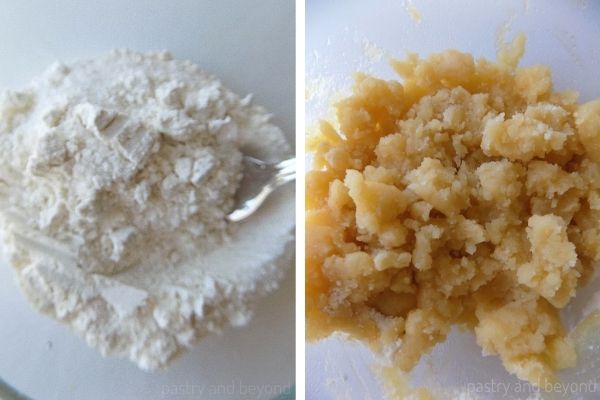 Flour and sugar in a bowl. 
Crumble dough after adding melted butter into flour mixture.