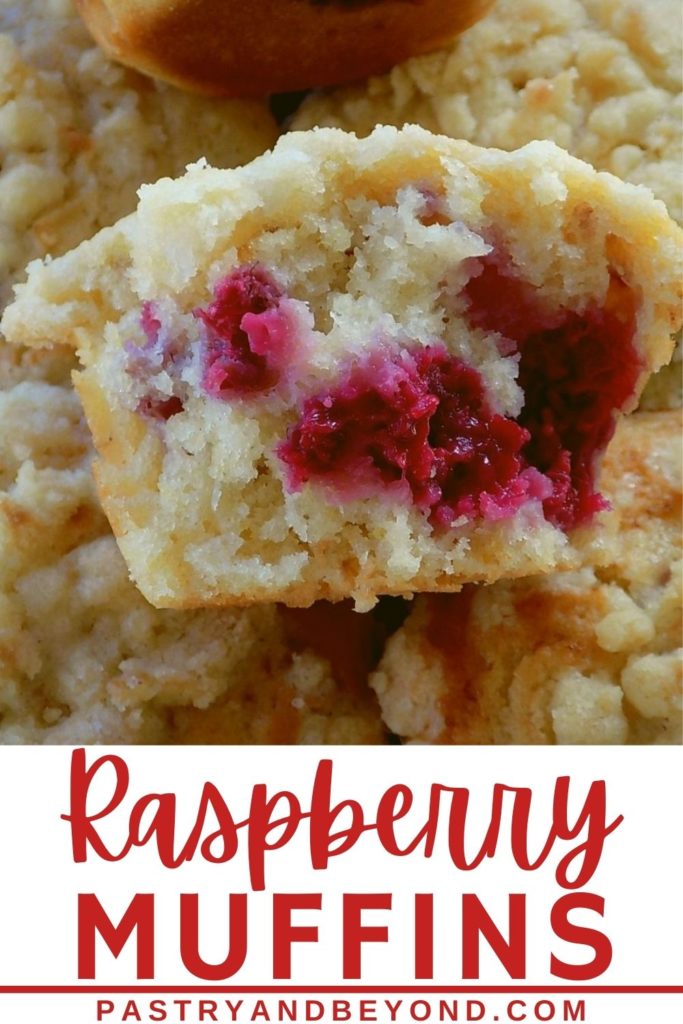 Half of raspberry muffin with text overlay.
