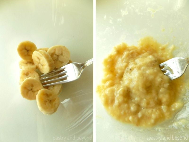 Sliced banana in a bowl and mashed with a fork. 