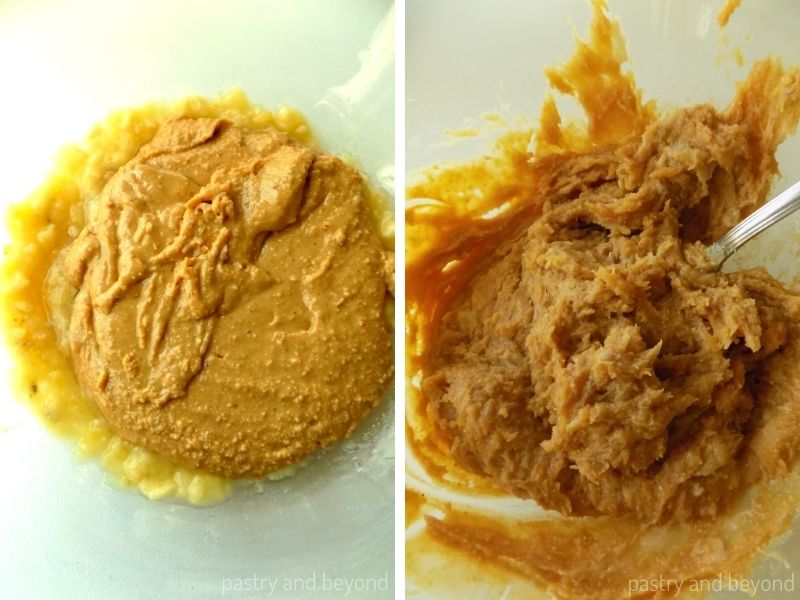 Peanut butter is added on top of mashed banana and mixed together.