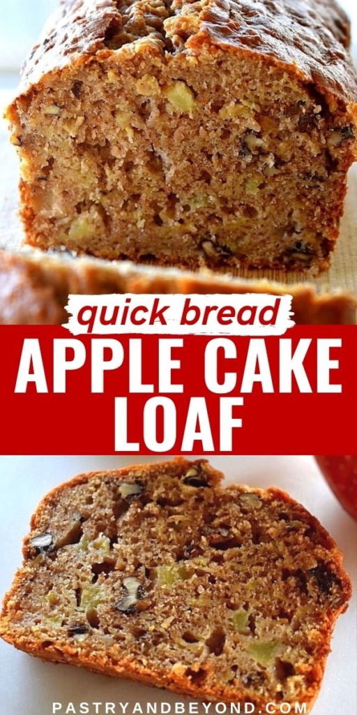 Half of the apple bread and a slice of it with text overlay.