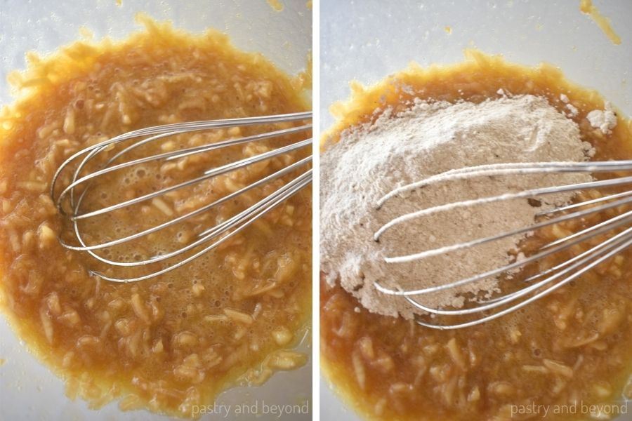 Grated apples are added on top of the egg mixture. After stirred with a whisk, flour is added.