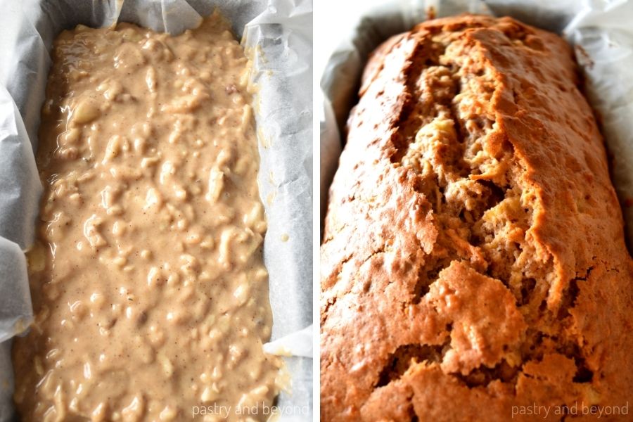 Apple cake loaf before and after baked.