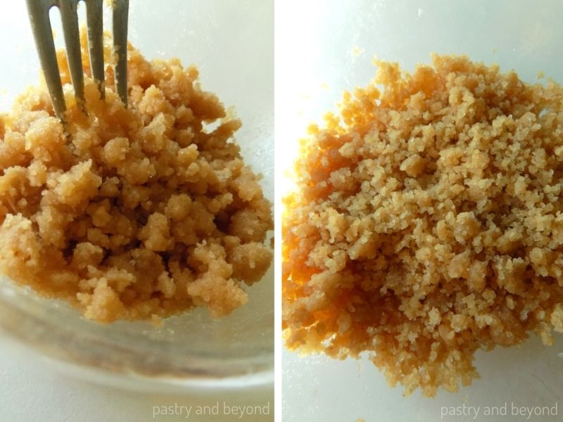 Collage showing crumble dough that is separated with  a fork to make big and small crumbles. 