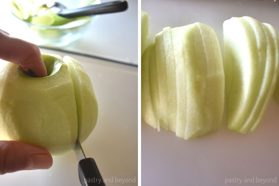 Showing how to cut apple into slices.