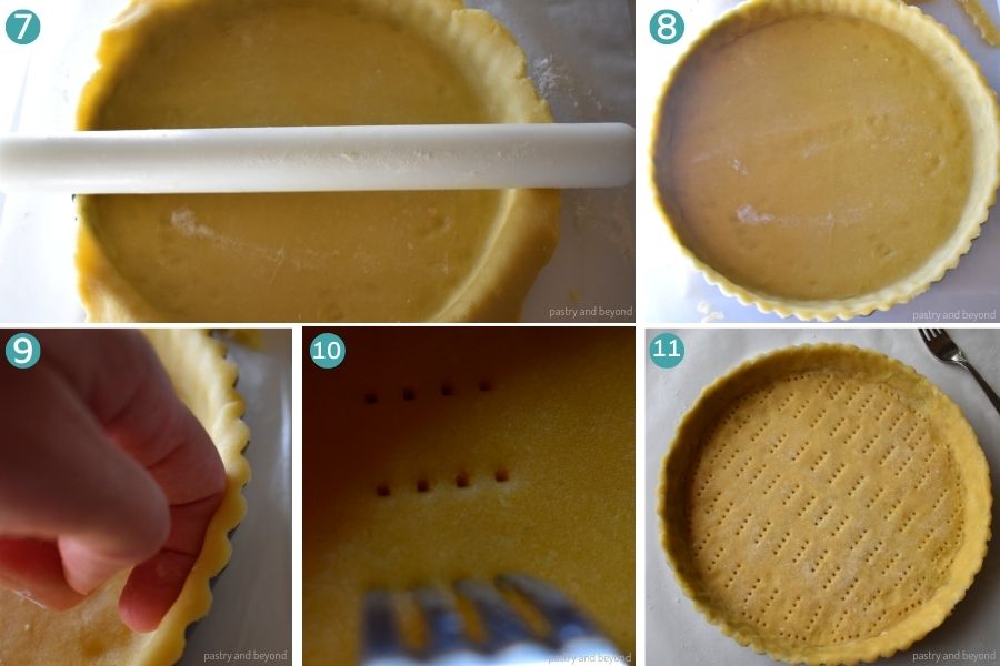 Process shots of placing the dough into a tart pan.