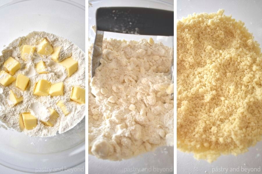 Steps of cutting the butter into flour to make tart dough by hand.