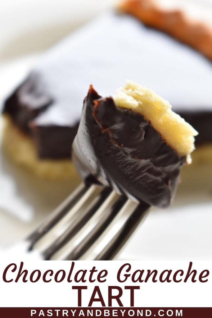 A piece of chocolate ganache tart on a fork with text overlay.