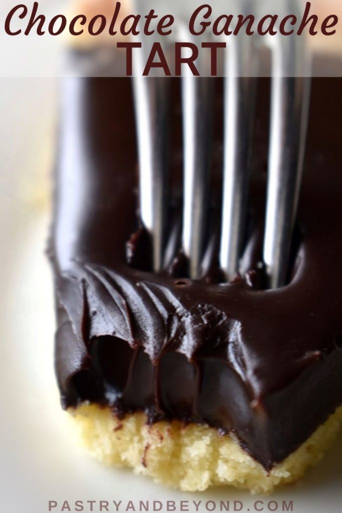A slice of chocolate ganache tart with text overlay.