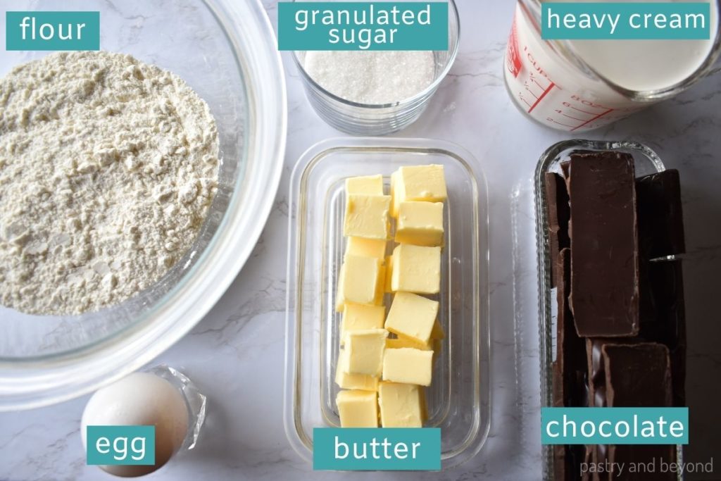 Ingredients for chocolate ganache tart.