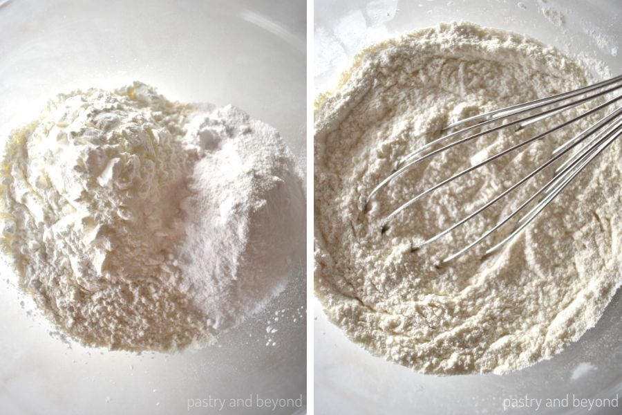 Collage that shows flour, cornstarch, powdered sugar in a medium bowl and stirring with a whisk.