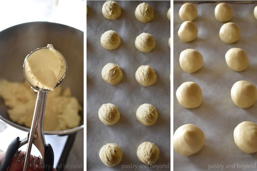 Collage that shows cookie dough on a cookie scoop, placed onto parchment paper and dough balls.