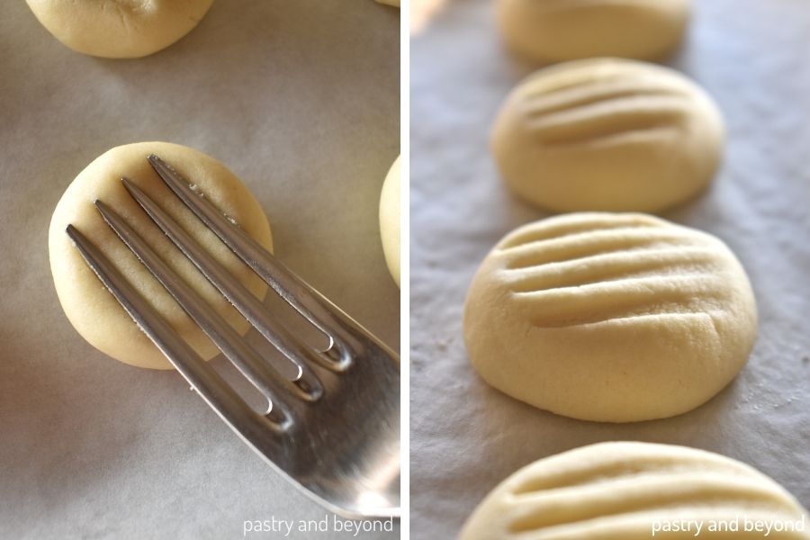 Pressing cookie dough with fork to give a shape.  Cookies after baked on the right side.